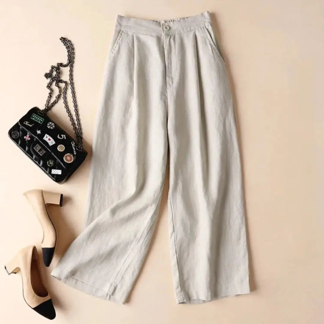 Leinenhose Damen Hohe Taille Weiter Beinverlauf Falten