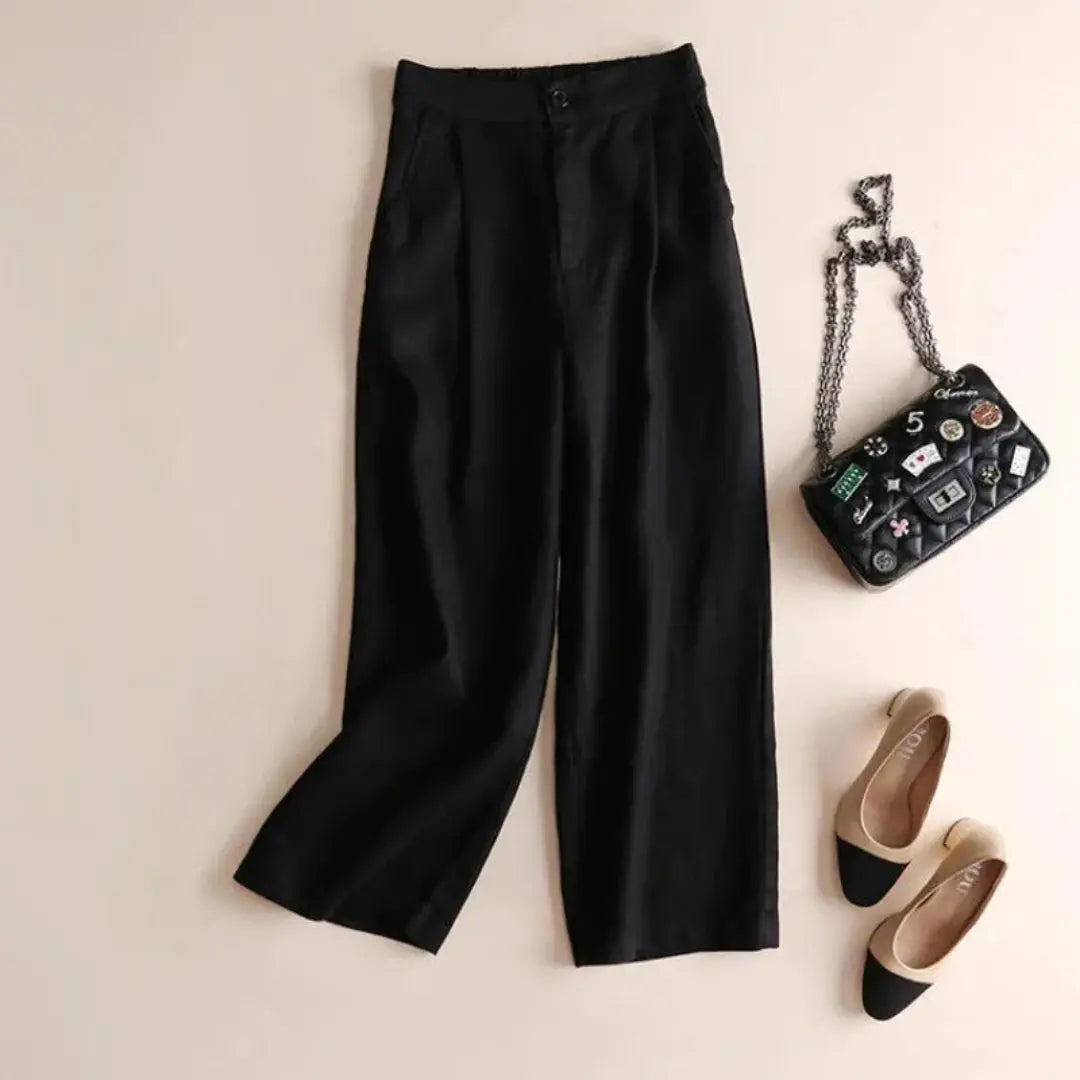 Leinenhose Damen Hohe Taille Weiter Beinverlauf Falten