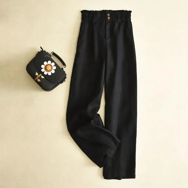 Leinenhose Damen Hoher Bund Weiter Schnitt Gerader Beinverlauf