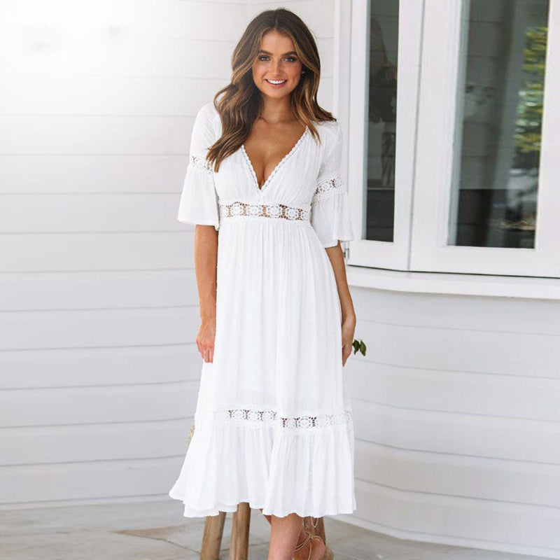 Mittellanges Kleid Damen Normalform V-Ausschnitt Klassisch