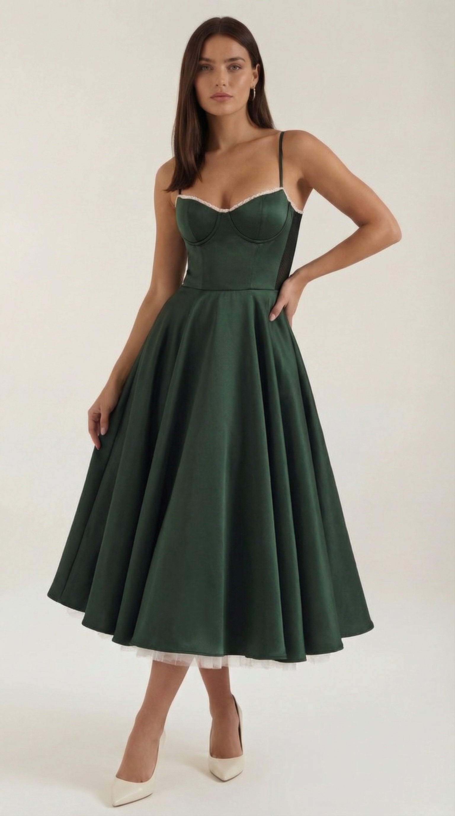 Midikleid Damen Herz-Ausschnitt Spaghettitraeger Anliegendes Oberteil