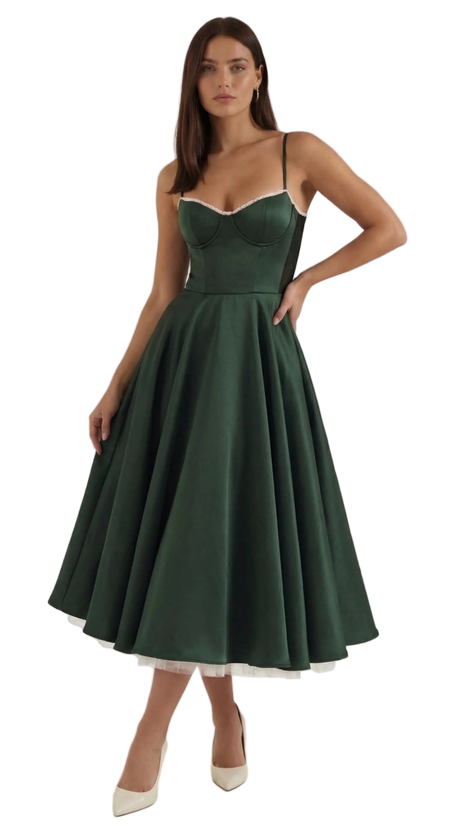 Midikleid Damen Herz-Ausschnitt Spaghettitraeger Anliegendes Oberteil