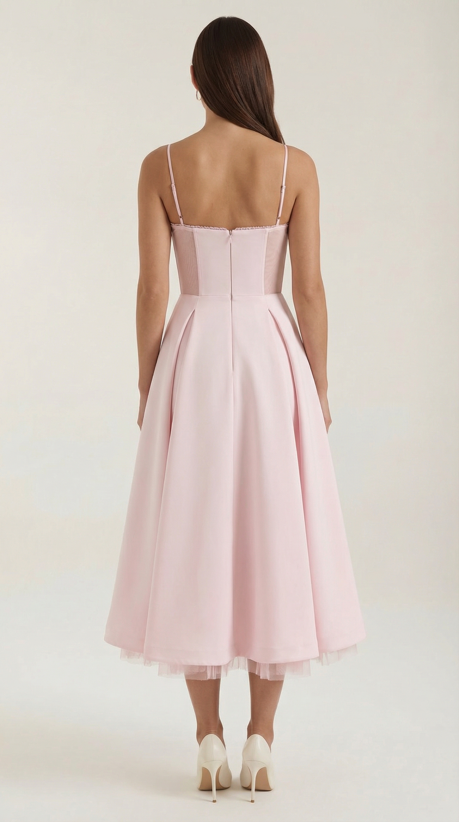 Midikleid Damen Herz-Ausschnitt Spaghettitraeger Anliegendes Oberteil
