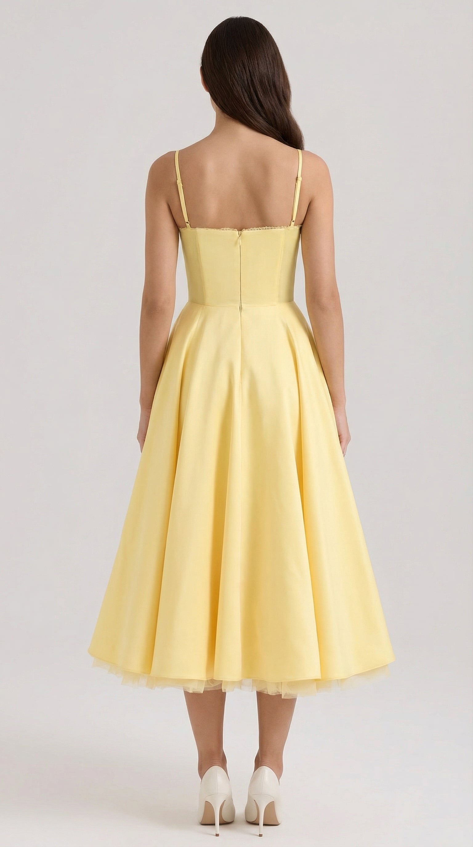 Midikleid Damen Herz-Ausschnitt Spaghettitraeger Anliegendes Oberteil