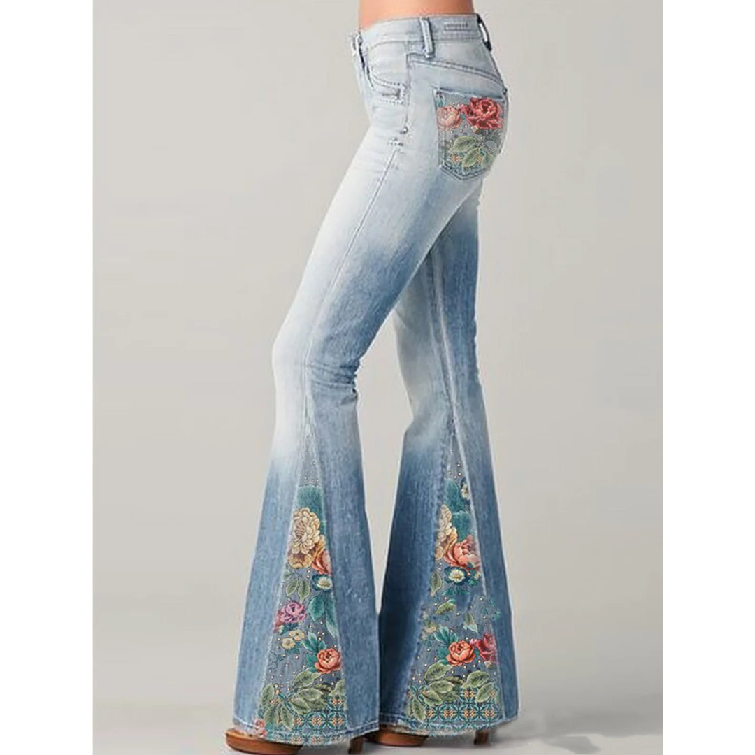 Schlagjeans Damen Blumenstickerei Ausgestellt